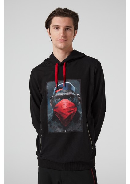 Maymun Baskılı Kapüşonlu Siyah Erkek Sweatshirt