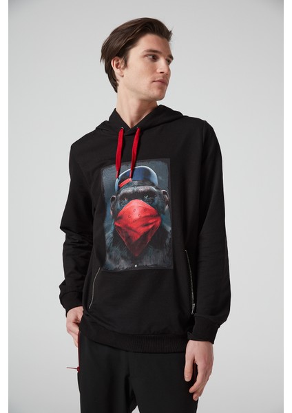 Maymun Baskılı Kapüşonlu Siyah Erkek Sweatshirt