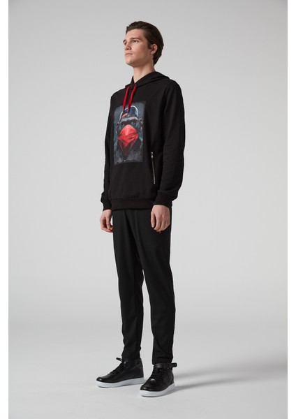 Maymun Baskılı Kapüşonlu Siyah Erkek Sweatshirt