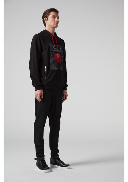 Maymun Baskılı Kapüşonlu Siyah Erkek Sweatshirt