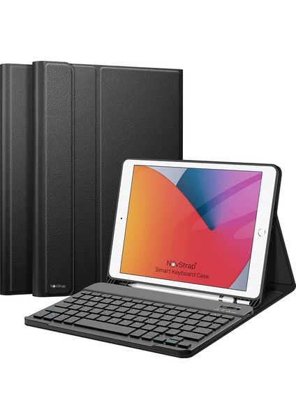 Novstap Apple iPad 7 8 9 Nesil 10.2 Inç ile Uyumlu Bluetooth Klavyeli Kılıf Standlı Kalem Hazneli