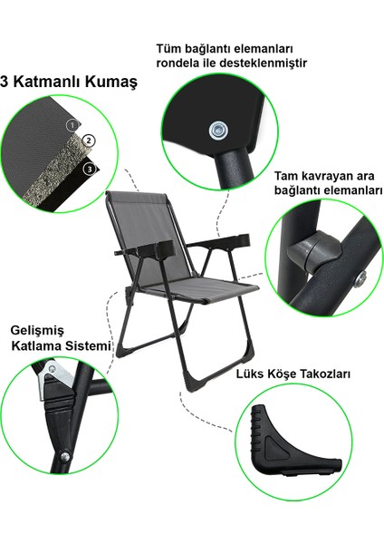 2 Adet Kamp Sandalyesi Bardaklıklı Lüks Piknik Sandalye Gri + Katlanır Mdf Masa