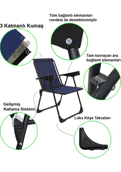 3 Adet Kamp Sandalyesi Bardaklıklı Lüks Piknik Sandalye Lacivert + Katlanır Mdf Masa