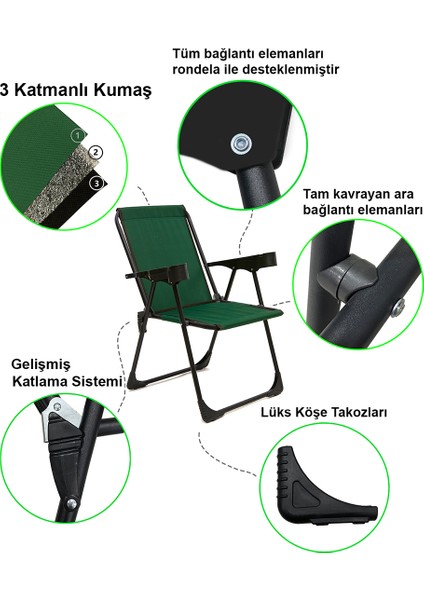3 Adet Kamp Sandalyesi Bardaklıklı Lüks Piknik Sandalye Yeşil + Katlanır Mdf Masa