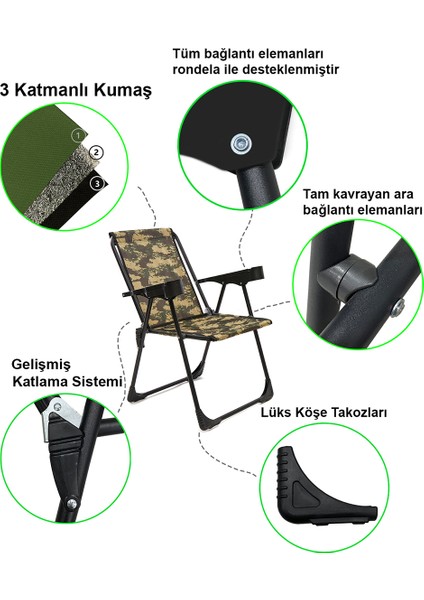 4 Adet Kamp Sandalyesi Bardaklıklı Lüks Piknik Sandalye Kamuflaj + Katlanır Mdf Masa