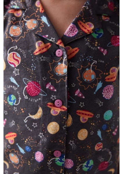 Kız Çocuk Ufo Desenli Gömlek Pantolon Pijama Takımı
