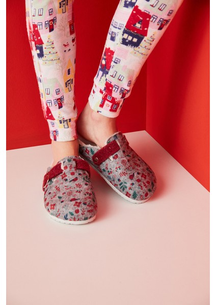 Gri Flora Red Belt Terlik