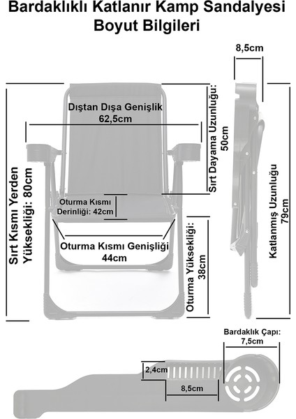 4 Adet Kamp Sandalyesi Bardaklıklı Lüks Piknik Sandalye Siyah