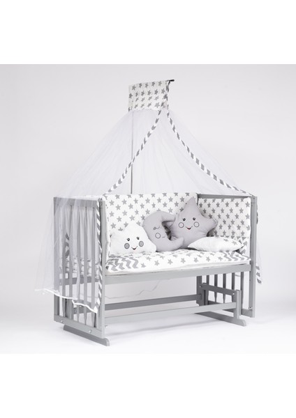 Süper Natural ahşap Beşik 4 Kademeli Gri Anne Yanı Sallanır Bebek Beşiği 60X120 -Uyku Seti+Yatak G3