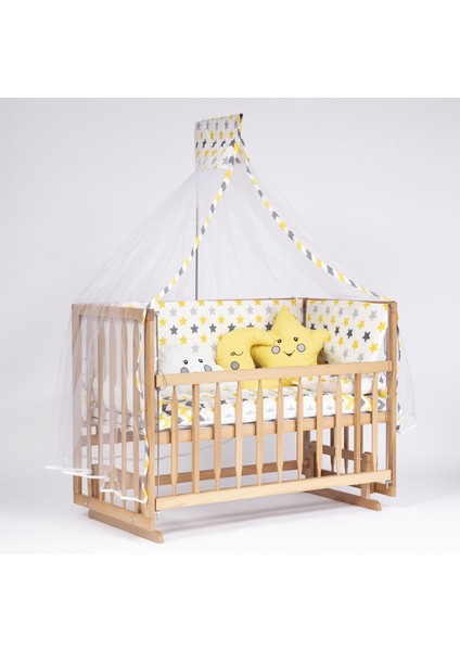 Süper Ahşap Doğal Beşik 4 Kademeli Anne Yanı Sallanır Bebek Beşiği 60X120 -Uyku Seti+Yatak D15