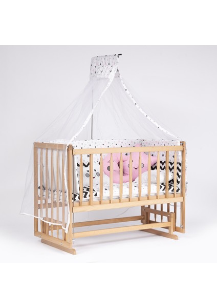 Vernikli Ahşap Doğal Beşik 4 Kademeli Anne Yanı Sallanır Bebek Beşiği 60X120 -Uyku Seti+Yatak D7