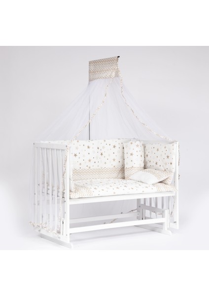 Süper Natural Ahşap Beşik 4 Kademeli Beyaz Anne Yanı Sallanır 60X120-B06 Kvstar Uyku Seti+Yataklı