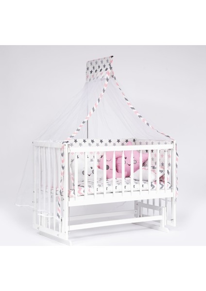 Süper Natural Ahşap Beşik 4 Kademeli Beyaz Anne Yanı Sallanır 60X120-B03 Pembe Ay Uyku Seti+Yataklı
