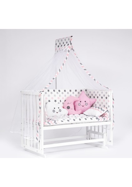 Süper Natural Ahşap Beşik 4 Kademeli Beyaz Anne Yanı Sallanır 60X120-B03 Pembe Ay Uyku Seti+Yataklı modelleri