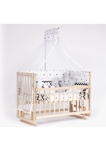 Süper Full Natural Ahşap Beşik 4 Kademeli Anne Yanı Sallanır Bebek Beşiği 60X120 -S14 Uyku Set+Yatak