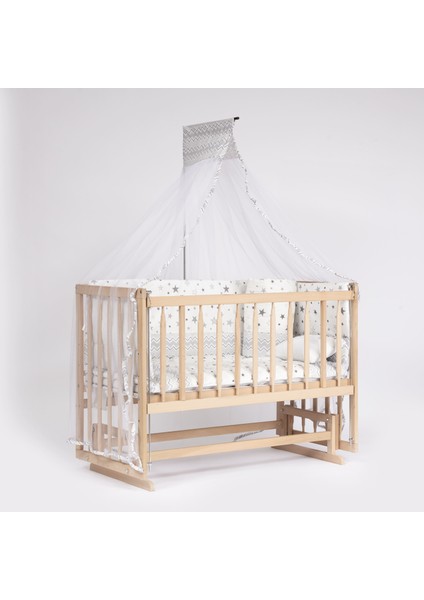 Süper Full Natural Ahşap Beşik 4 Kademeli Anne Yanı Sallanır Bebek Beşiği 60X120 -S06 Uyku Set+Yatak