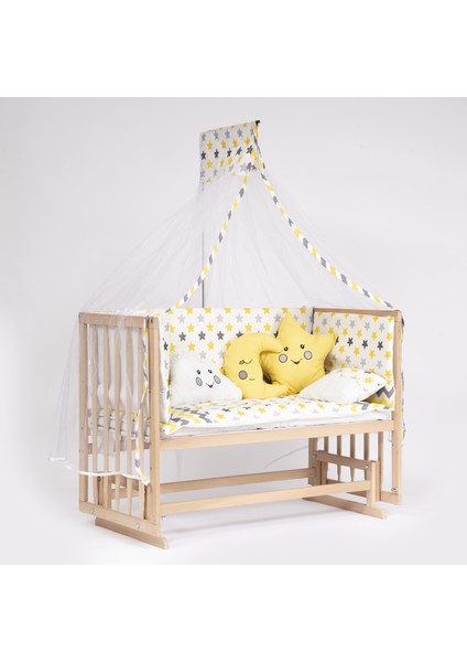 Süper Full Natural Ahşap 4 Kademeli Anne Yanı Sallanır Bebek Beşiği 60X120 -S04 Uyku Set+Yatak