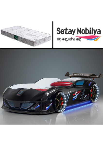 Jaguar Full Ledli Rüzgarlıklı Arabalı Yatak, Siyah + 1 Adet Comfort Yatak