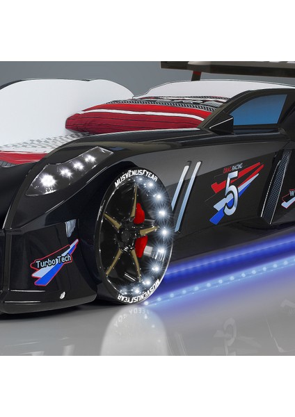 Jaguar Full Ledli Rüzgarlıklı Arabalı Yatak, Siyah + 1 Adet Comfort Yatak
