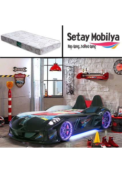 Jaguar Full Ledli Koltuklu Arabalı Yatak, Siyah + 1 Adet Comfort Yatak