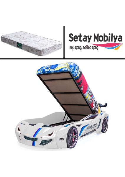 Mercedes Full Ledli Bazalı Arabalı Yatak, Beyaz + 1 Adet Comfort Yatak