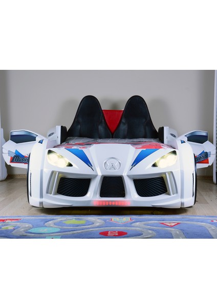 Audi Kapıları Açılabilen Full Ledli Koltuklu Arabalı Yatak,Beyaz + 1 Adet Comfort Yatak modelleri