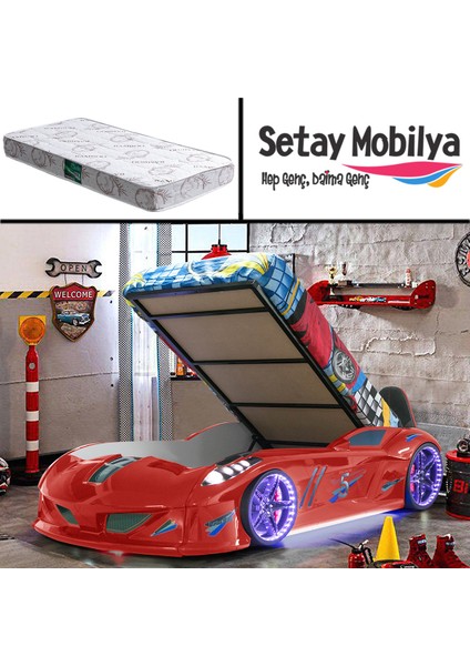 Jaguar Full Ledli Koltuklu Bazalı Arabalı Yatak, Kırmızı + 1 Adet Comfort Yatak