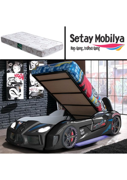 Audi Kapıları Açılabilen Full Ledli Koltuklu Bazalı Arabalı Yatak, Siyah + 1 Adet Comfort Yatak