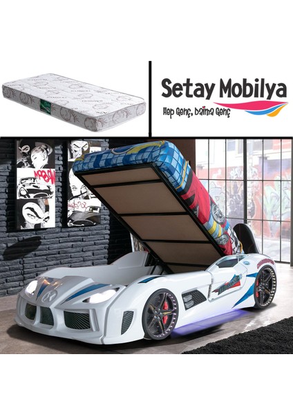 Audi Kapıları Açılabilen Full Ledli Koltuklu Bazalı Arabalı Yatak, Beyaz + 1 Adet Comfort Yatak