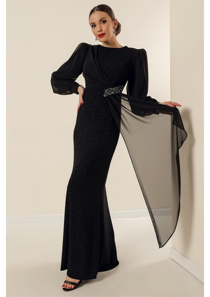 Beli Taş Aksesuarlı Likralı Şifon Detaylı Astarlı Uzun Simli Geniş Beden Aralıklı Elbise Siyah