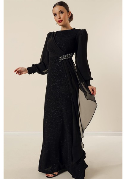 Beli Taş Aksesuarlı Likralı Şifon Detaylı Astarlı Uzun Simli Geniş Beden Aralıklı Elbise Siyah fiyatları