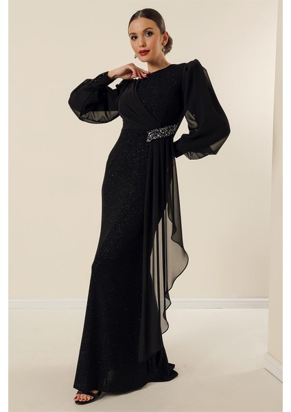 Beli Taş Aksesuarlı Likralı Şifon Detaylı Astarlı Uzun Simli Geniş Beden Aralıklı Elbise Siyah modelleri