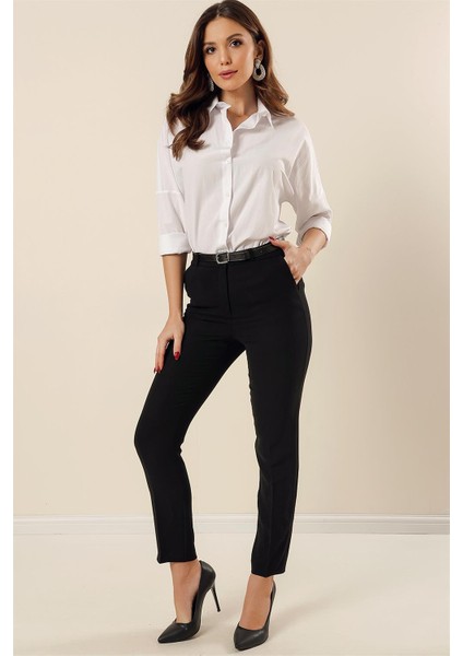 Beli Kemerli Yandan Cepli Dar Paça Krep Geniş Beden Aralıklı Pantolon Siyah fiyatları