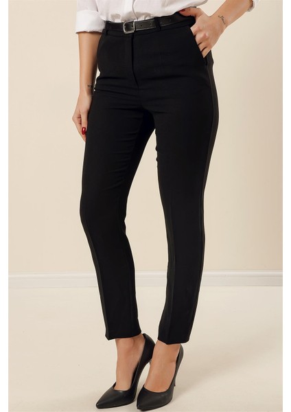 Beli Kemerli Yandan Cepli Dar Paça Krep Geniş Beden Aralıklı Pantolon Siyah modelleri