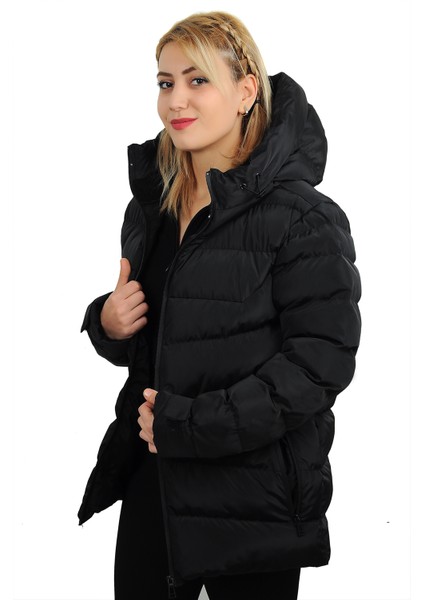 Kadın Siyah Kapüşonlu Astarlı Su Geçirmez Rüzgara Dayanıklı Şişme Mont & Kaban & Parka fiyatları