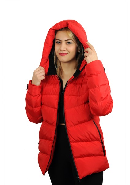 Kadın Kırmızı Kapüşonlu Içi Polarlı Su Geçirmez Rüzgara Dayanıklı Şişme Mont & Kaban & Parka fiyatları