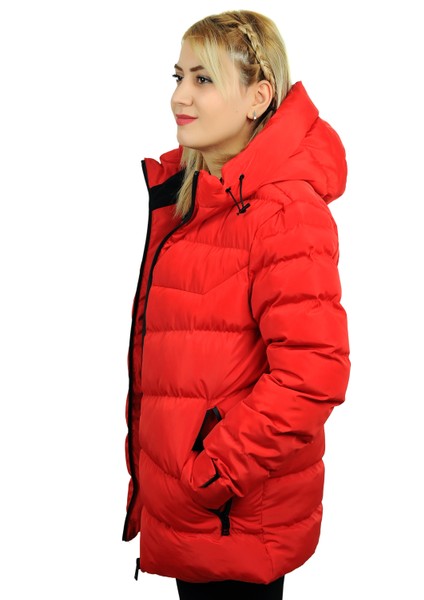 Kadın Kırmızı Kapüşonlu Içi Polarlı Su Geçirmez Rüzgara Dayanıklı Şişme Mont & Kaban & Parka modelleri