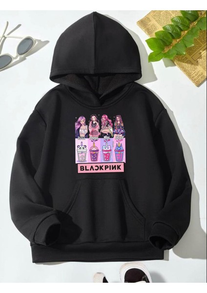 Siyah Blackpink Içecek Baskılı Hoodie