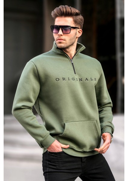 Haki Fermuar Yaka Nakışlı Sweatshirt 6028