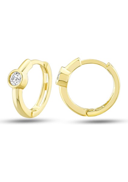 Kadın 14 Ayar Altın Küpe Minimalist Zirkon Taşlı Modern Halka Altın Küpe 12 mm - MM20043