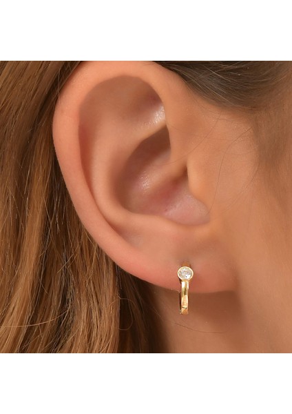 Kadın 14 Ayar Altın Küpe Minimalist Zirkon Taşlı Modern Halka Altın Küpe 12 mm - MM20043 fiyatları