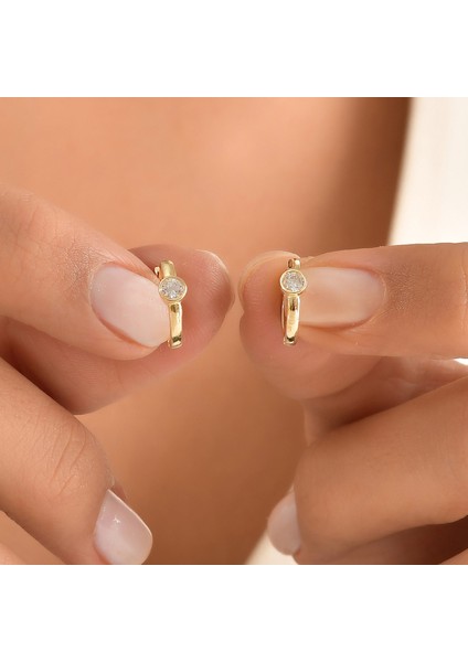 Kadın 14 Ayar Altın Küpe Minimalist Zirkon Taşlı Modern Halka Altın Küpe 12 mm - MM20043 indirimleri