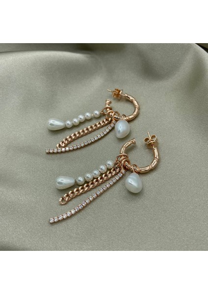 Zincir ve Taşlı Sallantılı Gümüş Küpe