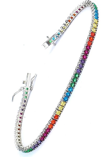 Renkli Zirkon Taşlı 925 ayar Gümüş Su Yolu Bileklik