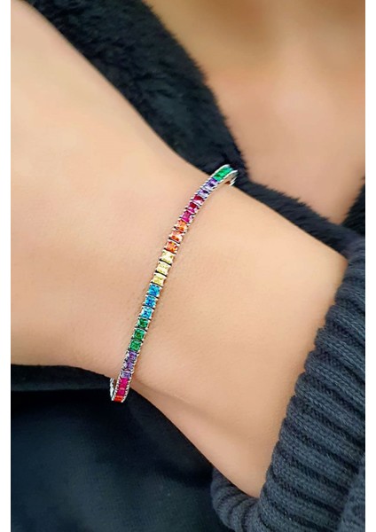 Renkli Zirkon Taşlı 925 ayar Gümüş Su Yolu Bileklik fiyatları