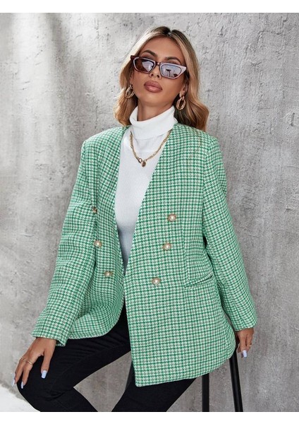 Kadın İçi Astarlı Düğme Detaylı Chanel Kumaş Blazer Ceket