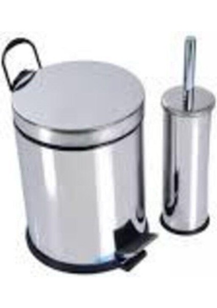 Krom 2'li Set 5 Lt Pedallı Çöp Kovası Wc Klozet Fırça Seti