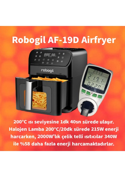 AF-19D Airfryer XXL 6,5lt Halojen Lambalı Cam Kapaklı Sıcak Hava Fritözü