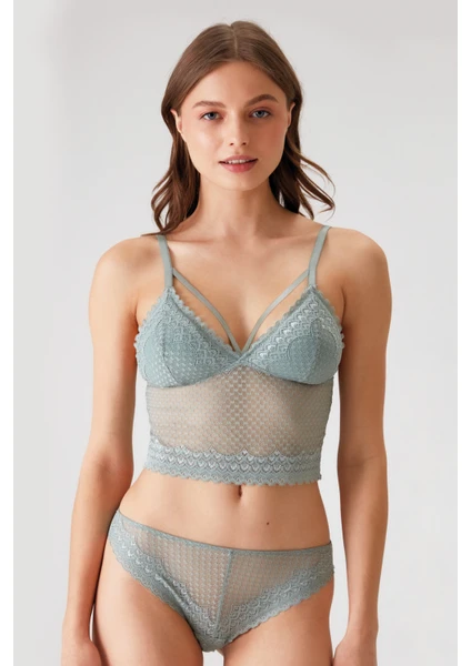 Pierre Cardin Mint Yeşili 4831 Pedli Şerit Detaylı Balensiz Dantelli Bralet Sütyen Takım / Iç Çamaşır Takımı