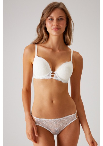 Ekru 4820 Lyon Dantel ve Ip Detaylı Ekstra Push Up Dolgulu Fantezi Sütyen Takımı/iç Çamaşır Takım